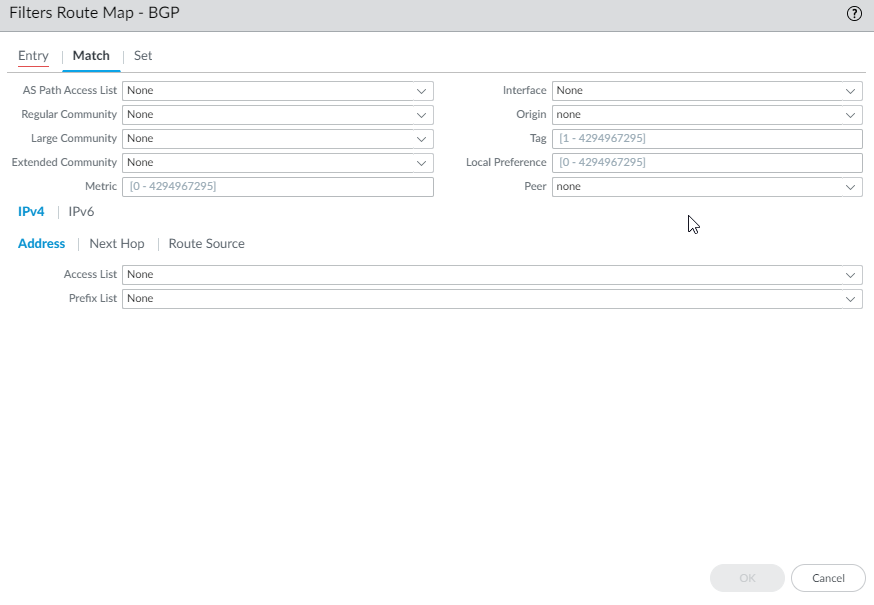 BGP Route Map Entry - Match tab.